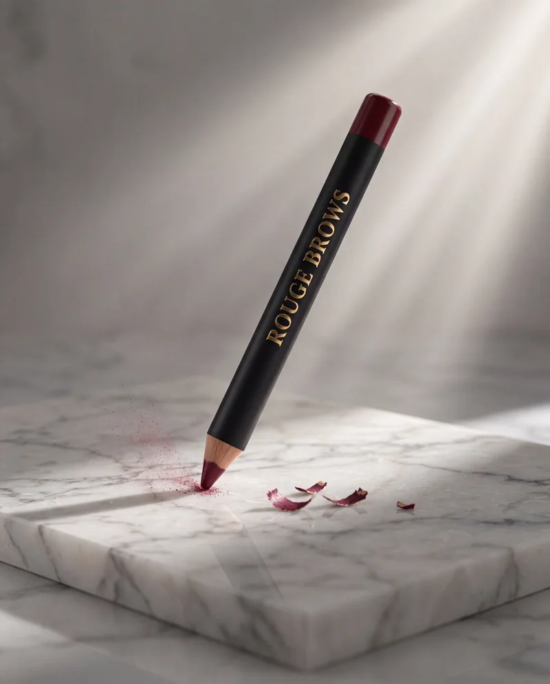 A gold-lettered Rouge Brows crayon resting on pale marble